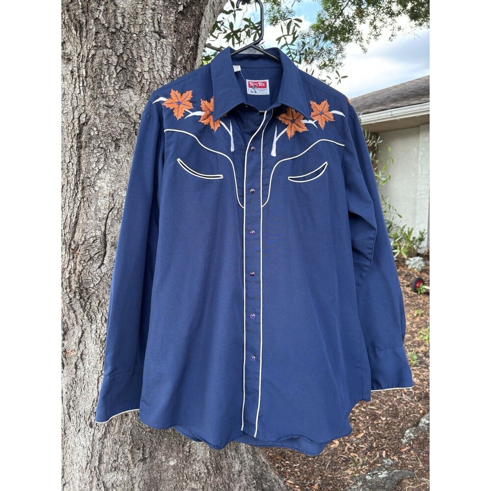 Vintage Tem Tex Western Blue Floral Embroidered Cotton Button-Up Shirt Men's